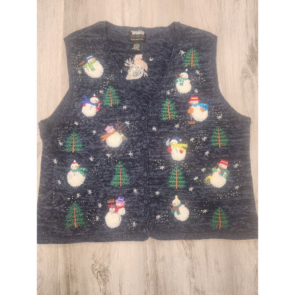 Designer Originals Studio Ho Ho Ho Christmas Beads Snowman Sweater Vest Sz Large